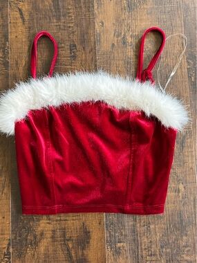 Wallflower Deep Red Velvet Crop Top with Faux Fur Trim